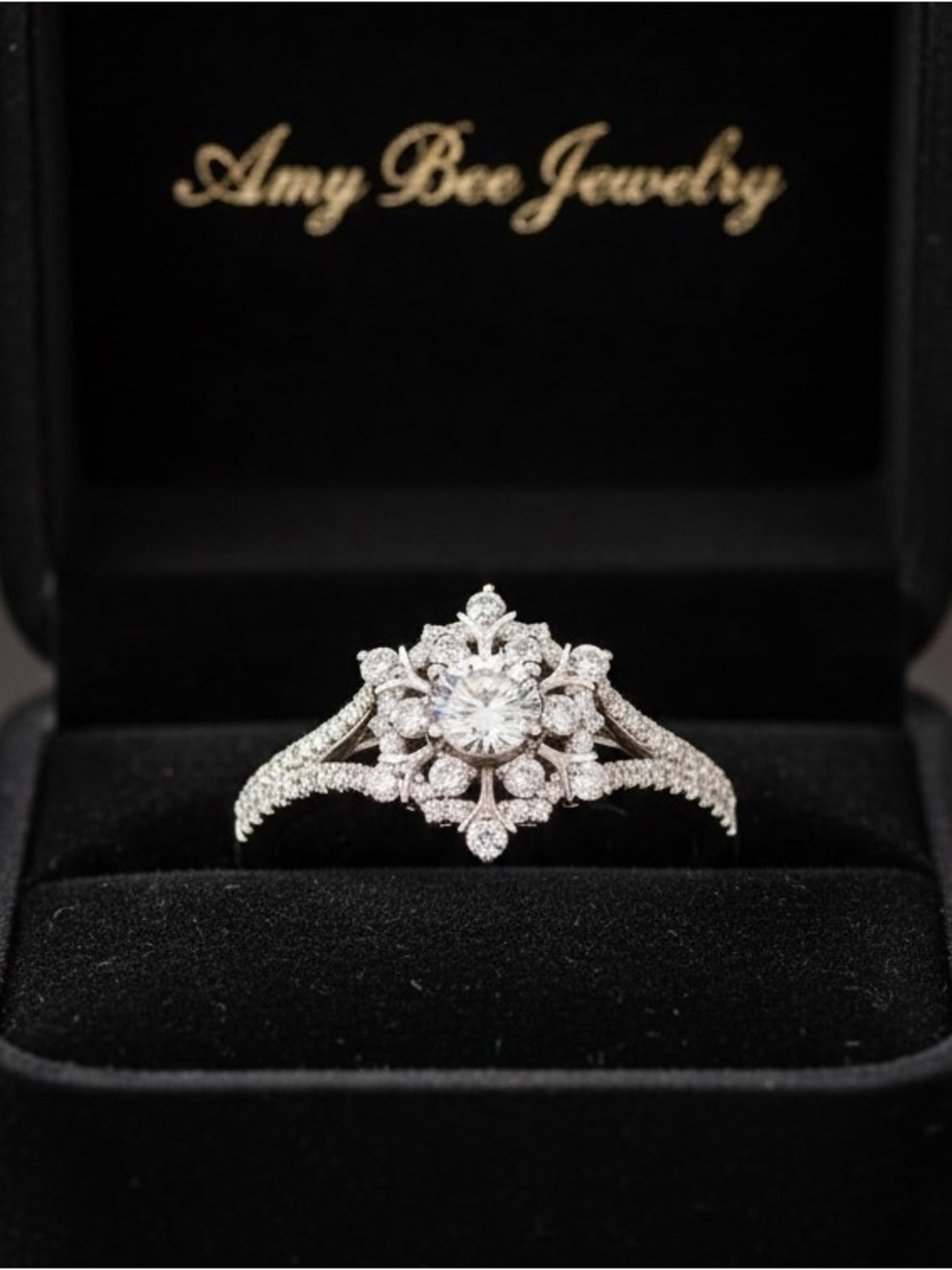 White Gold Plated  Snowflake Halo Ring with Sparkling CZ Gemstones. New